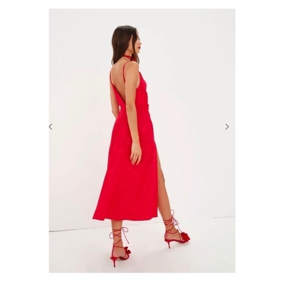 For Love And Lemons Dress Ilana Midi Asymmetric Slip in Jacquard Red - Picture 5 of 13
